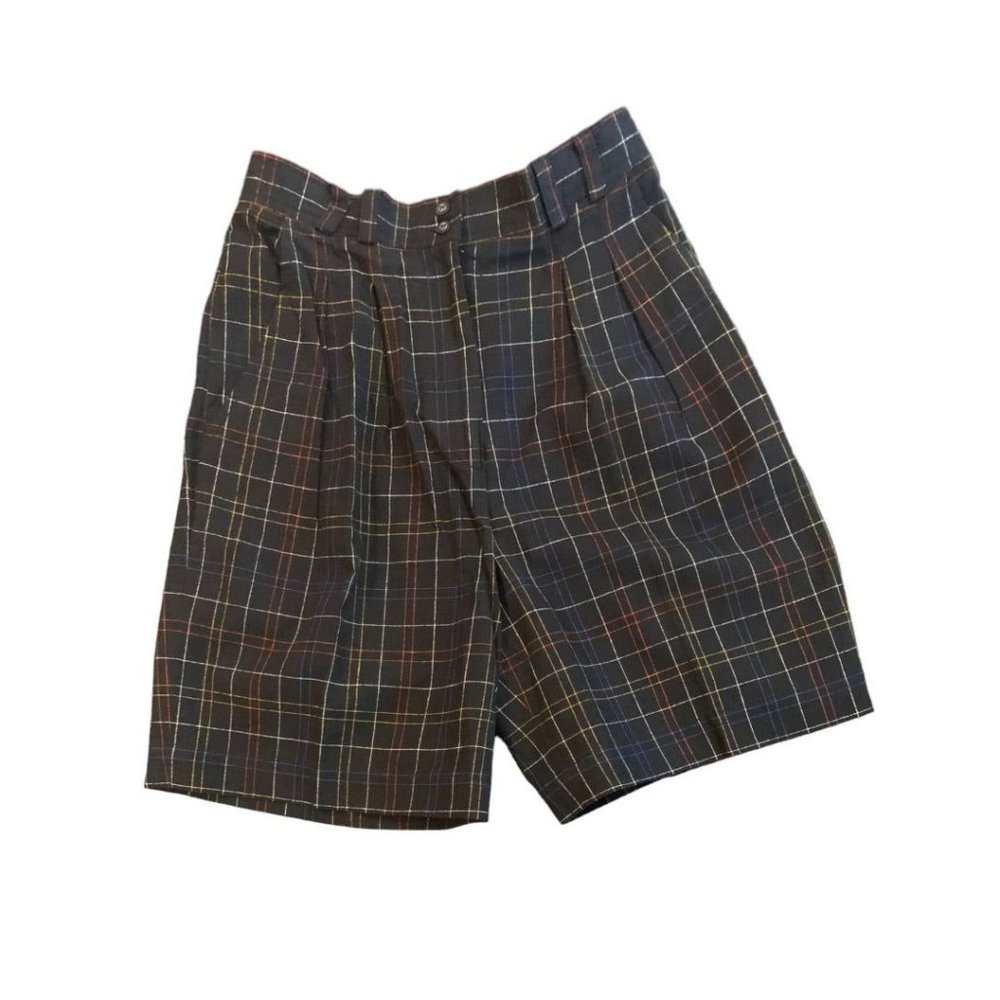8 Chaus Women's Vintage 1980s Black Plaid Golf Shorts Cotton Linen Blend